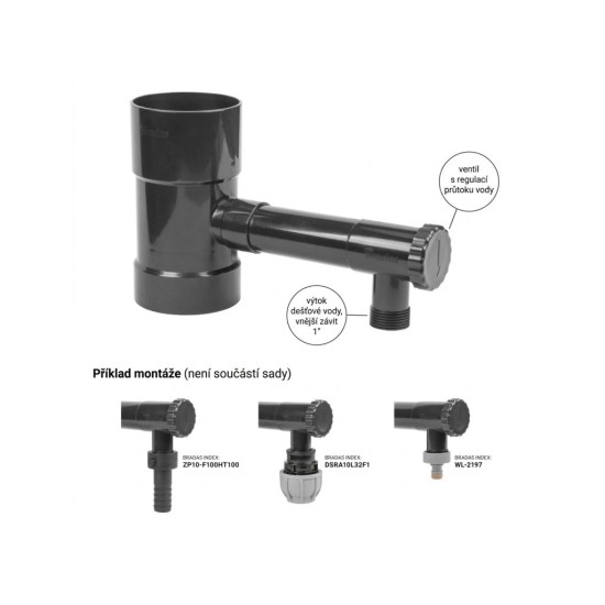 Sběrač dešťové vody 80 mm s ventilem 1", grafit – BRADAS