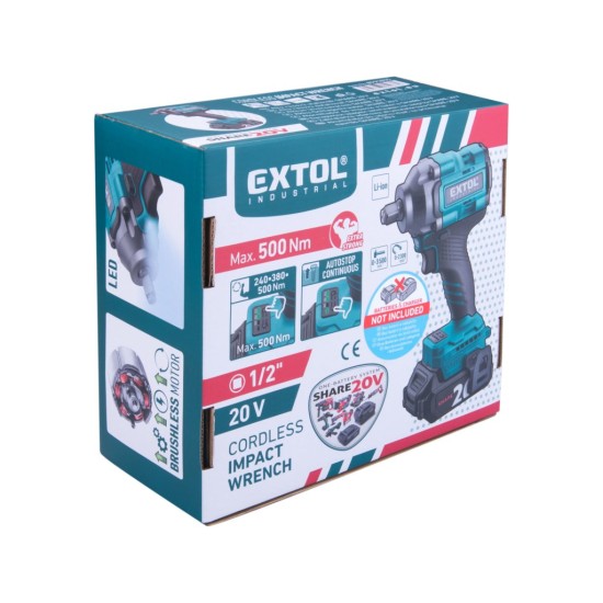 Aku rázový utahovák 1/2″ 500 Nm, SHARE20V, BRUSHLESS, bez baterie a nabíječky – EXTOL INDUSTRIAL