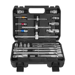 Prodlužovací nástavce a T–trháky 1/4", 3/8", 1/2", CrV, sada 25 ks - GEKO