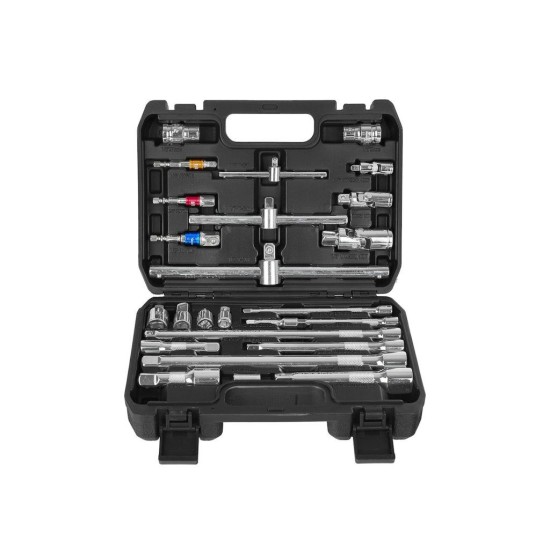 Prodlužovací nástavce a T–trháky 1/4", 3/8", 1/2", CrV, sada 25 ks - GEKO