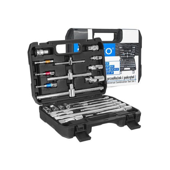 Prodlužovací nástavce a T–trháky 1/4", 3/8", 1/2", CrV, sada 25 ks - GEKO