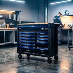 Dílenský vozík, 12 zásuvek, dřevěná deska, sada nářadí 501 ks – GEKO