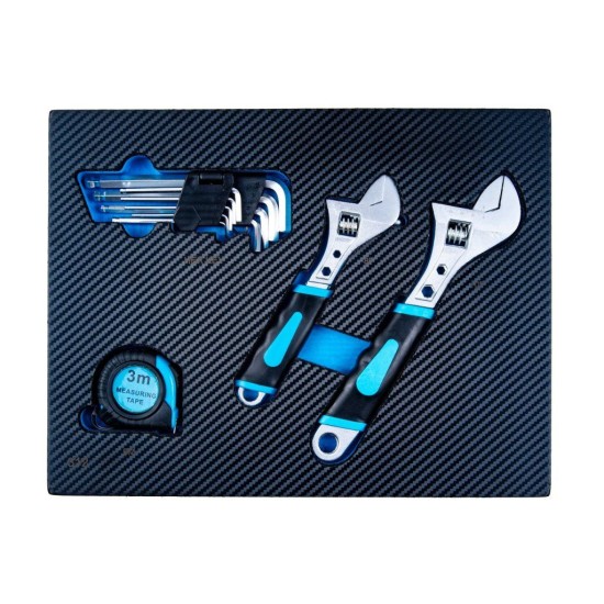 Dílenský vozík, 12 zásuvek, dřevěná deska, sada nářadí 501 ks – GEKO