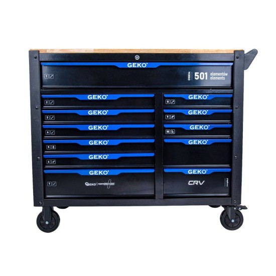 Dílenský vozík, 12 zásuvek, dřevěná deska, sada nářadí 501 ks – GEKO