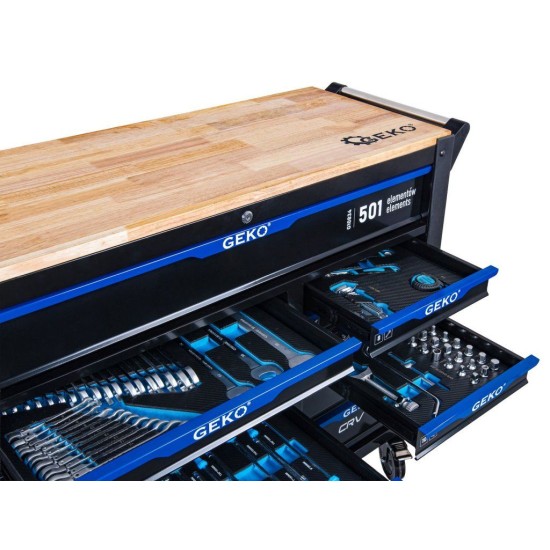 Dílenský vozík, 12 zásuvek, dřevěná deska, sada nářadí 501 ks – GEKO