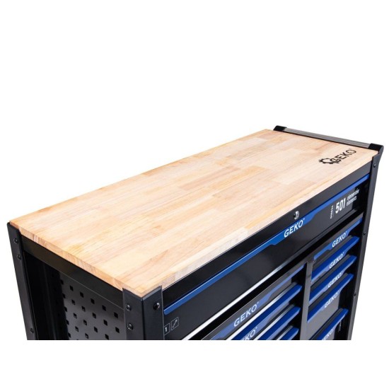Dílenský vozík, 12 zásuvek, dřevěná deska, sada nářadí 501 ks – GEKO