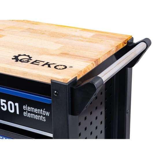 Dílenský vozík, 12 zásuvek, dřevěná deska, sada nářadí 501 ks – GEKO