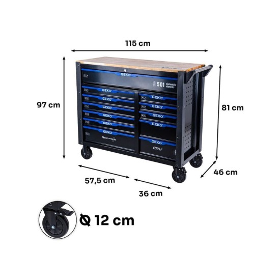 Dílenský vozík, 12 zásuvek, dřevěná deska, sada nářadí 501 ks – GEKO