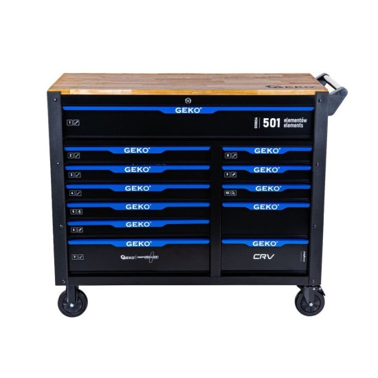 Dílenský vozík, 12 zásuvek, dřevěná deska, sada nářadí 501 ks – GEKO