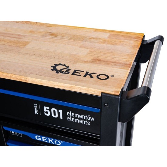 Dílenský vozík, 12 zásuvek, dřevěná deska, sada nářadí 501 ks – GEKO