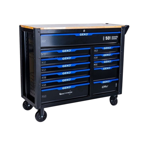 Dílenský vozík, 12 zásuvek, dřevěná deska, sada nářadí 501 ks – GEKO