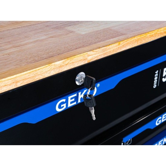 Dílenský vozík, 12 zásuvek, dřevěná deska, sada nářadí 501 ks – GEKO