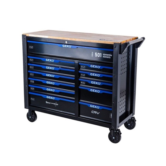 Dílenský vozík, 12 zásuvek, dřevěná deska, sada nářadí 501 ks – GEKO
