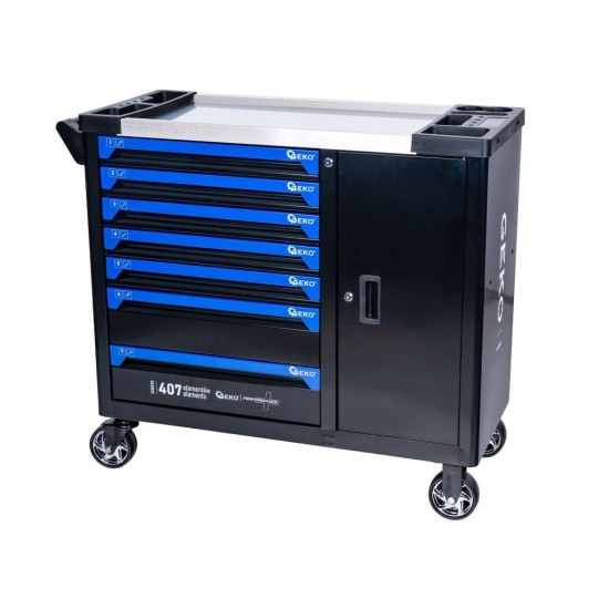 Dílenský vozík, 7 zásuvek + skříňka, sada nářadí 407 ks – GEKO