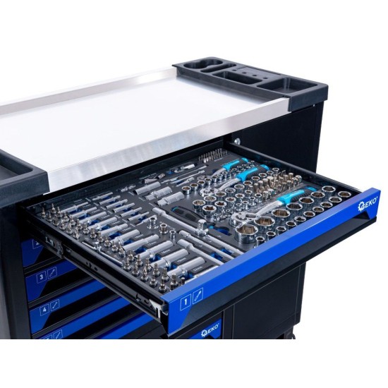 Dílenský vozík, 7 zásuvek + skříňka, sada nářadí 407 ks – GEKO