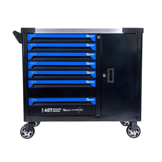 Dílenský vozík, 7 zásuvek + skříňka, sada nářadí 407 ks – GEKO