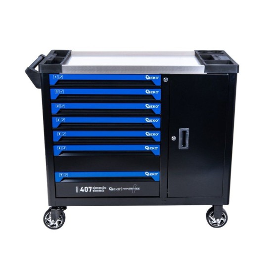 Dílenský vozík, 7 zásuvek + skříňka, sada nářadí 407 ks – GEKO