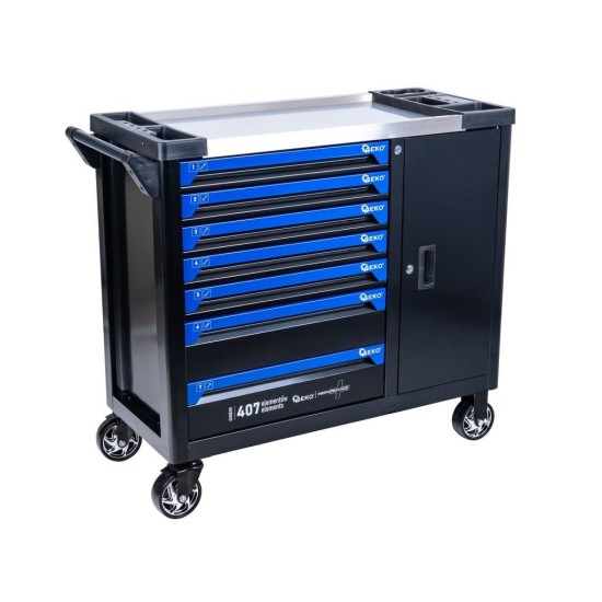 Dílenský vozík, 7 zásuvek + skříňka, sada nářadí 407 ks – GEKO