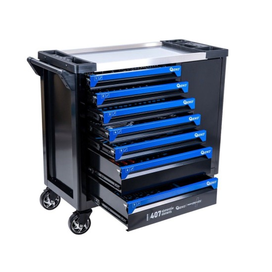 Dílenský vozík, 7 zásuvek + skříňka, sada nářadí 407 ks – GEKO