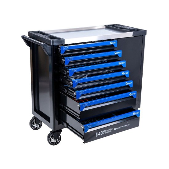 Dílenský vozík, 7 zásuvek + skříňka, sada nářadí 407 ks – GEKO