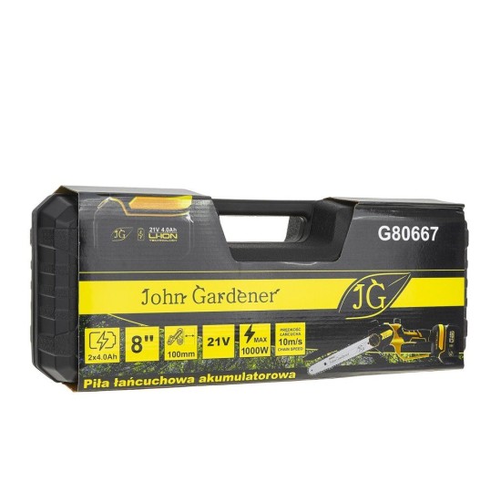 Aku jednoruční řetězová pila 8" 2×21 V, 4 Ah JOHN GARDENER Aku jednoruční řetězová pila 8" 2×21 V, 4 Ah JOHN GARDENER