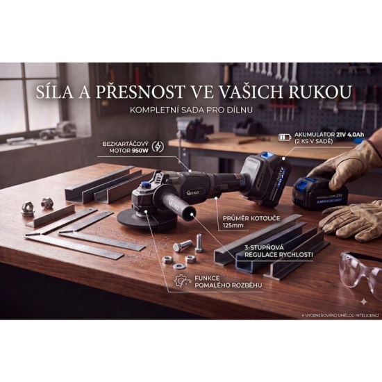Aku úhlová bruska 125 mm Brushless, 21 V, 2×4 Ah GEKO