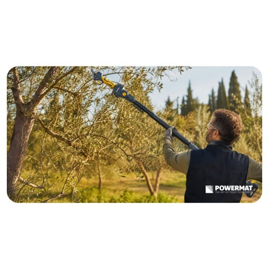 Aku nůžky na větve a jednoruční pila 21 V, násada 110–200 cm, 2×3,0 Ah POWERMAT Aku nůžky na větve a jednoruční pila 21 V, násada 110–200 cm, 2×3,0 Ah POWERMAT