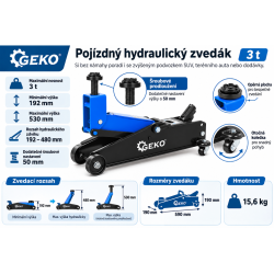 Hydraulický zvedák SUV 3 t, 192–530 mm, pojízdný GEKO