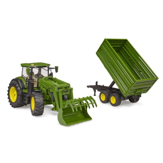 Traktor John Deere 7R 350 s čelním nakladačem a přívěsem BRUDER