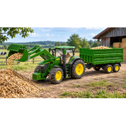 Traktor John Deere 7R 350 s čelním nakladačem a přívěsem BRUDER