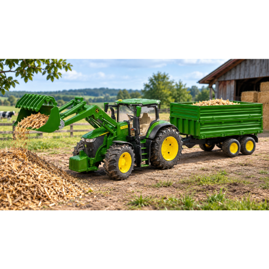 Traktor John Deere 7R 350 s čelním nakladačem a přívěsem BRUDER