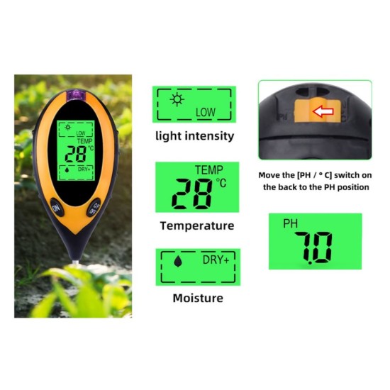 Záhradný merač kyslosti, vlhkosti pôdy a slnečného žiarenia GEKO